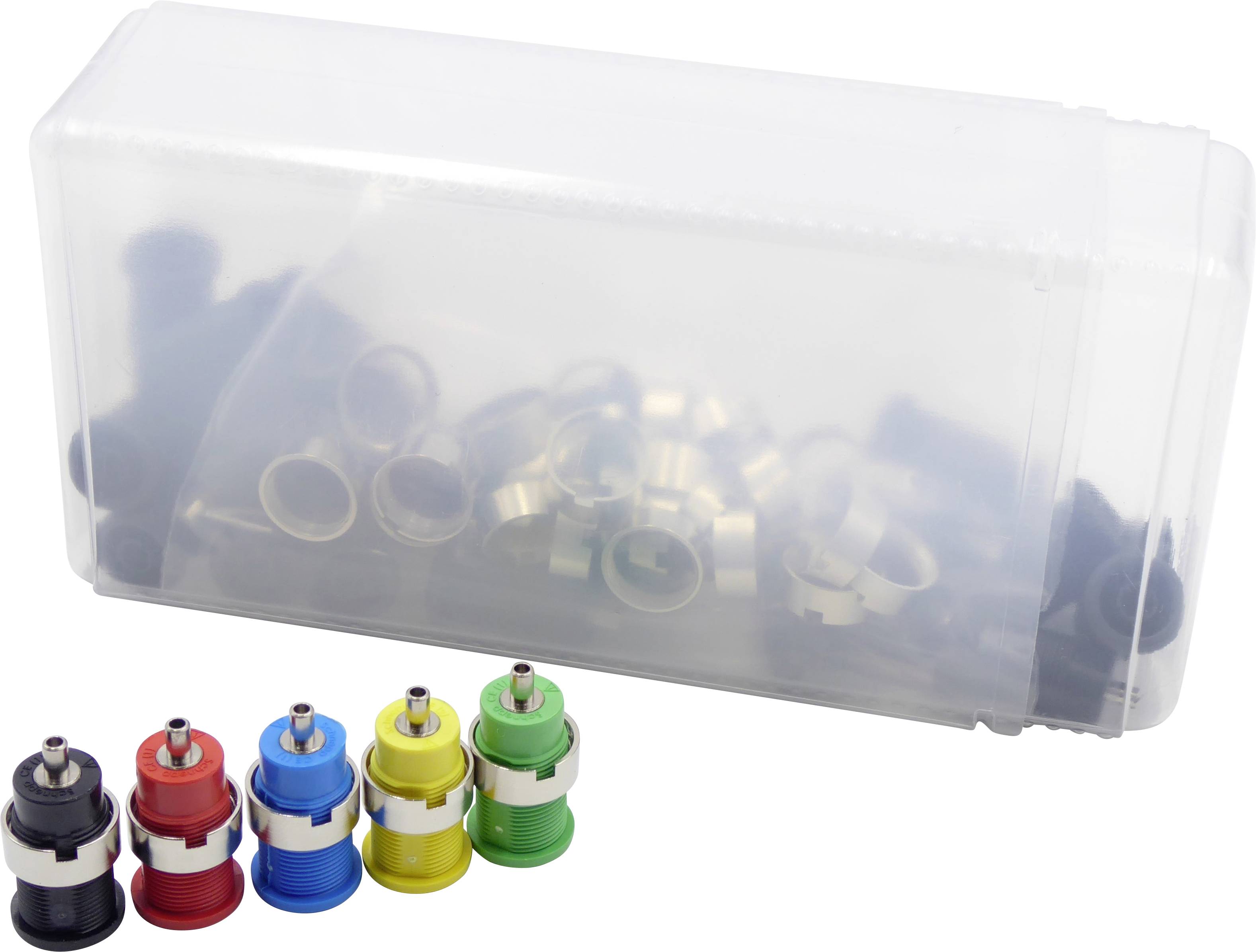 Set od četiri banana utičnice u različitim bojama (crna, crvena, žuta, zelena, plava) ispred prozirne plastične kutije.