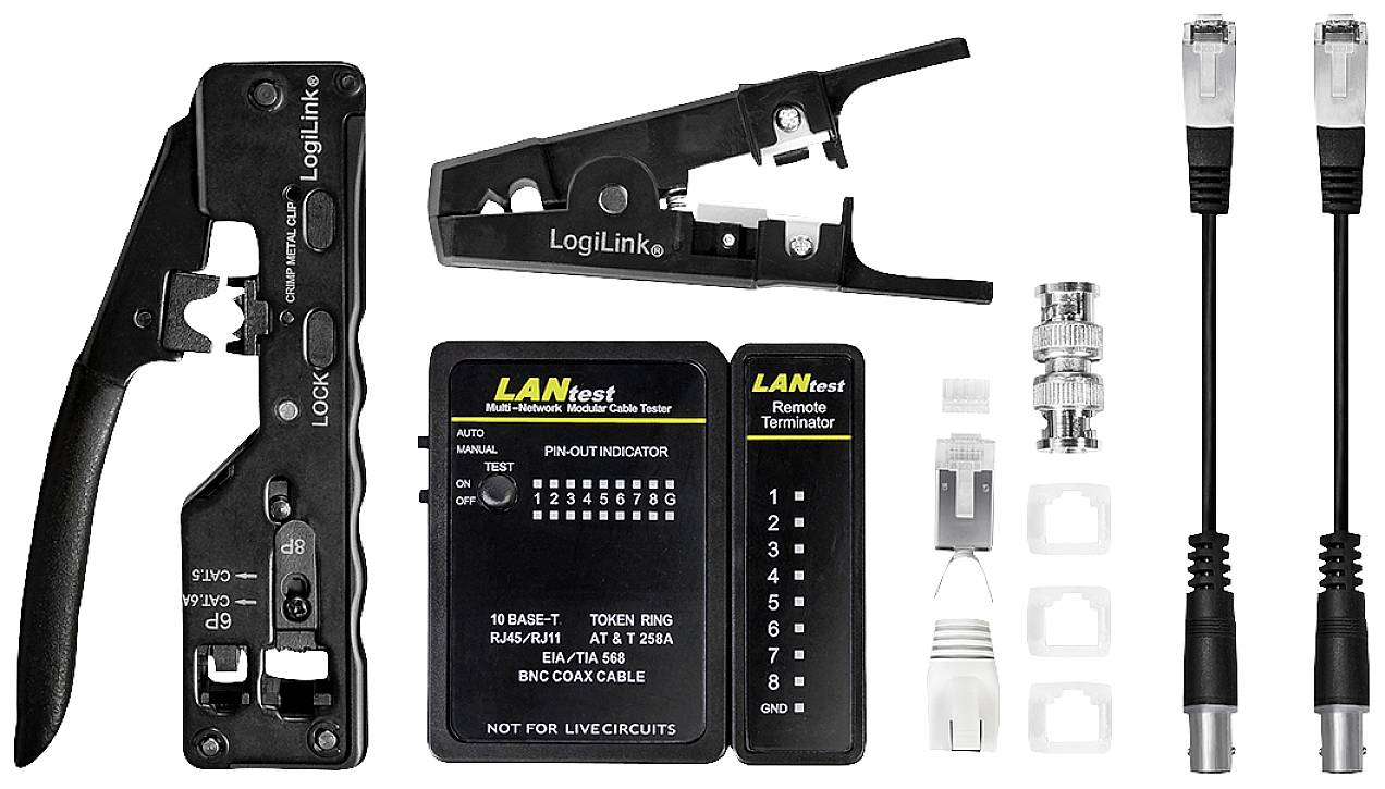 Mrežni alat za postavljanje kablova. Sadrži kliješta za krimpanje, tester kablova, priključke i adaptere za testiranje i izradu LAN kablova.