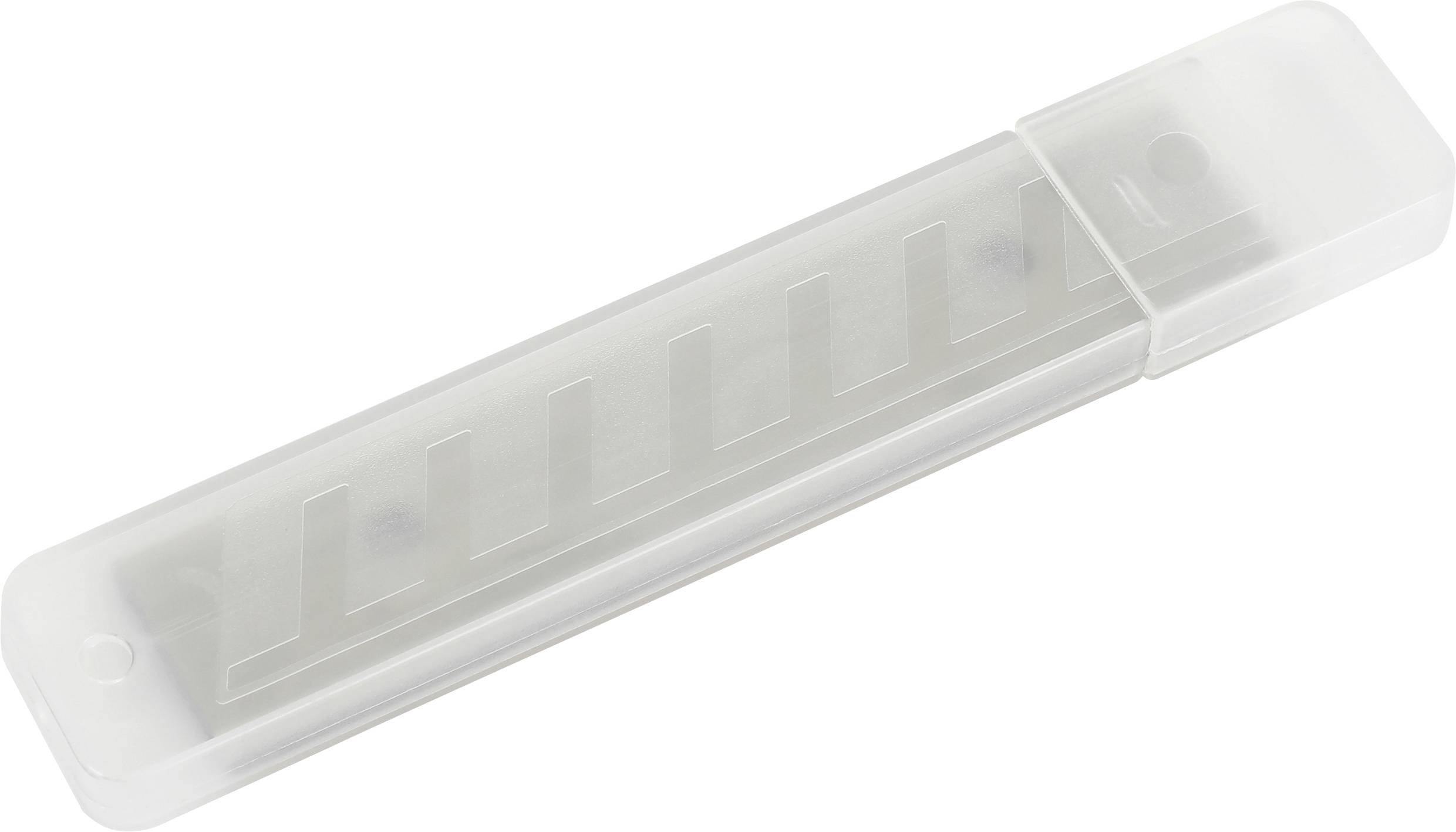 Prozirna plastična kutija s nožem za rezanje. Kutija prikazuje složene oštrice unutar, pogodna za sigrno čuvanje.
