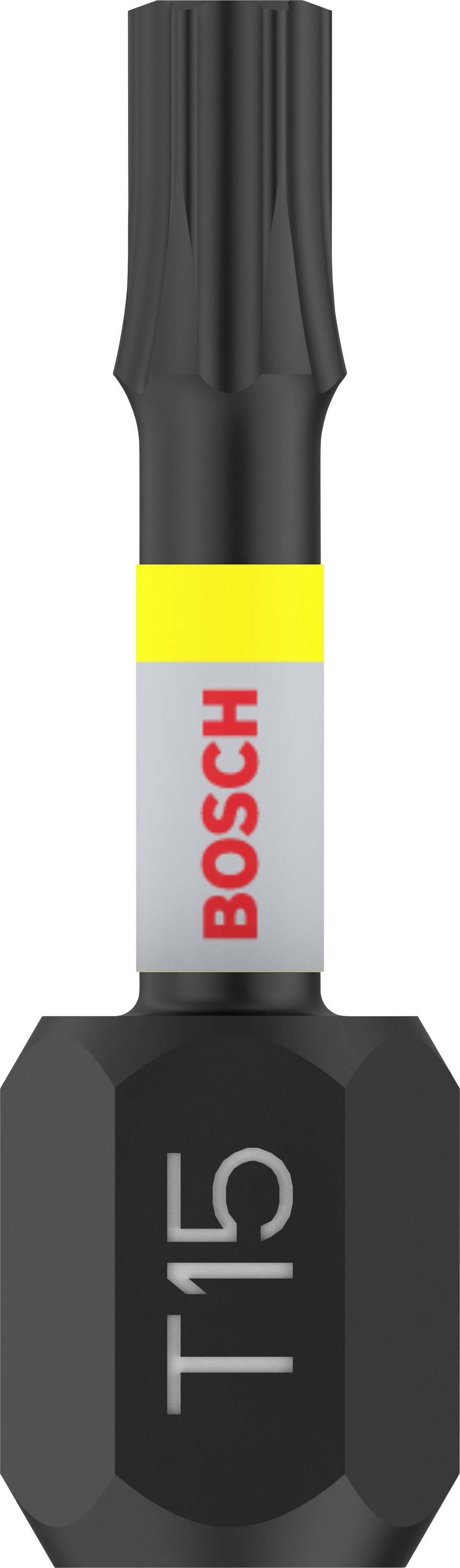 Crni Bosch T15 bit odvijača s žutim i sivim prstenom na drršku i crvenim Bosch logotipom, pogodan za Torx vijke.