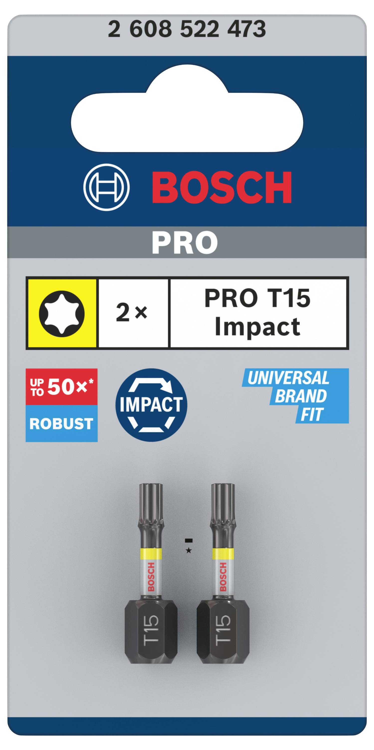 Pakiranje Bosch Pro T15 Impact vijčanih nastavaka, 2 komada. Sadrži napomenu 'Universal Brand Fit' i 'do 50% robusniji'.