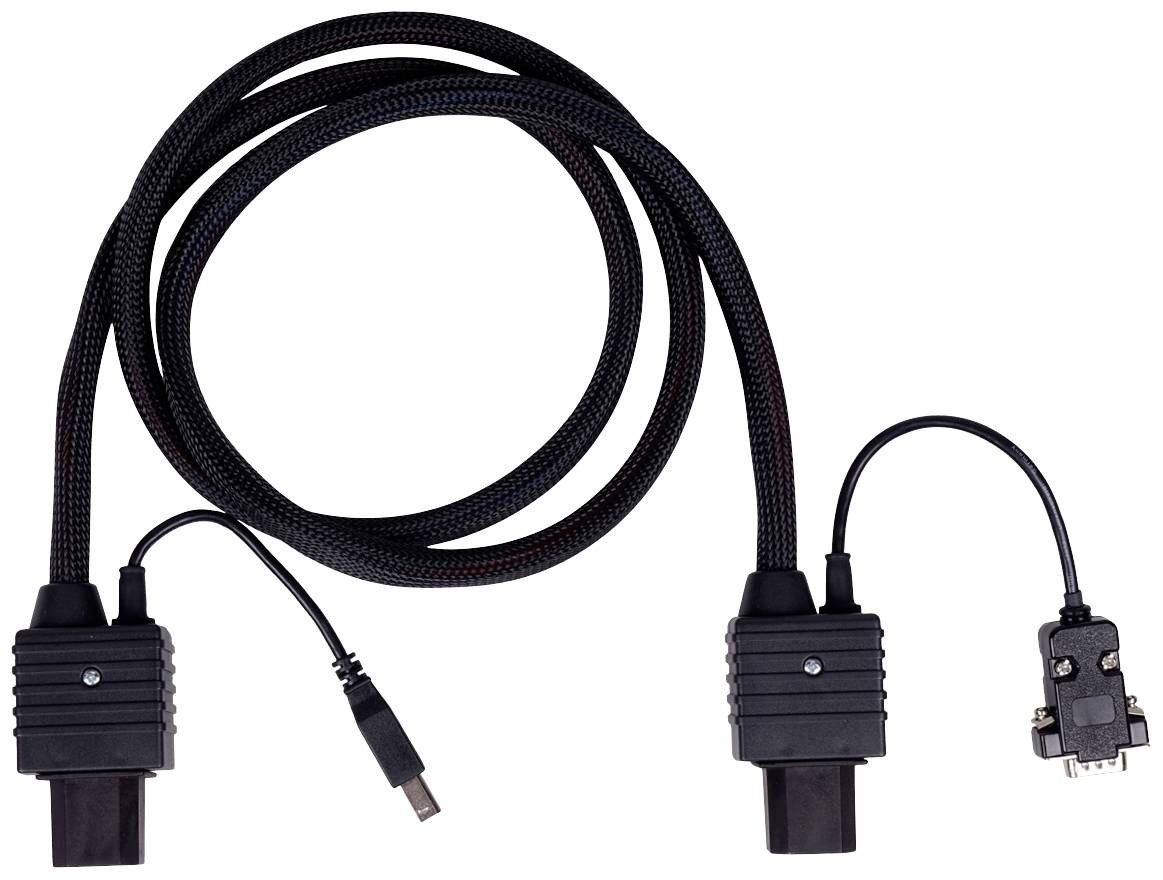 Isprepleteni kabel s dva velika utikača na krajevima i manjim priključnim kabelom u sredini, vjerojatno za dijagnostičke svrhe.