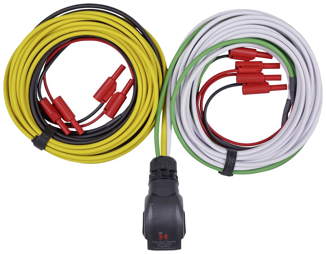 Dva snopa kabela s crnim utikačima na centralnom priključnom dijelu. Lijevi kabel žut, desni bijel, oba s obojenim krajevima.