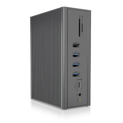 Crna elektronička naprava s nekoliko USB priključaka i utor za SD karticu, vjerojatno neka vrsta doking stanice.