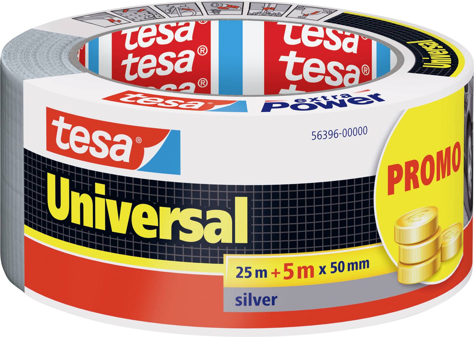 Rolna srebrnog ljepljivog traka označena kao 'tesa Universal', s dodatnim oznakama 'Extra Power', 'PROMO' i detaljima veličine: 25m + 5m x 50mm.