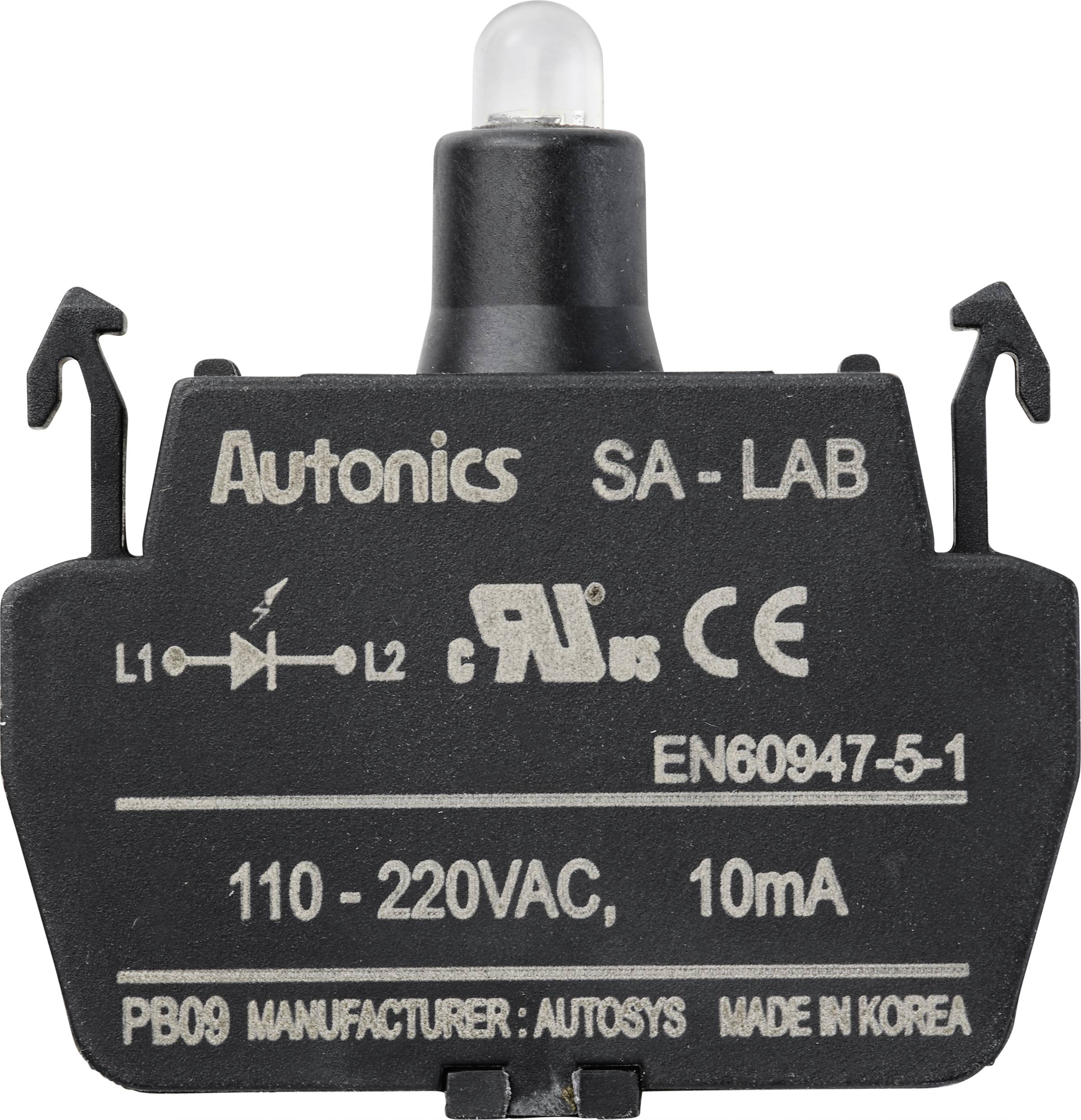 Crni električni prekidač s natpisom 'Autonics SA-LAB', napon 110-220VAC, 10mA, proizveden od strane Autosys-a, Koreja.