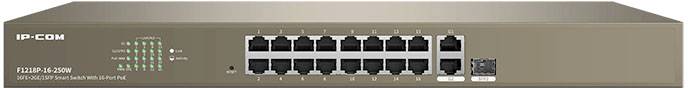 Mrežni switch s 16 Ethernet priključaka i dodatnim optičkim priključkom, pogodan za profesionalne mrežne instalacije.