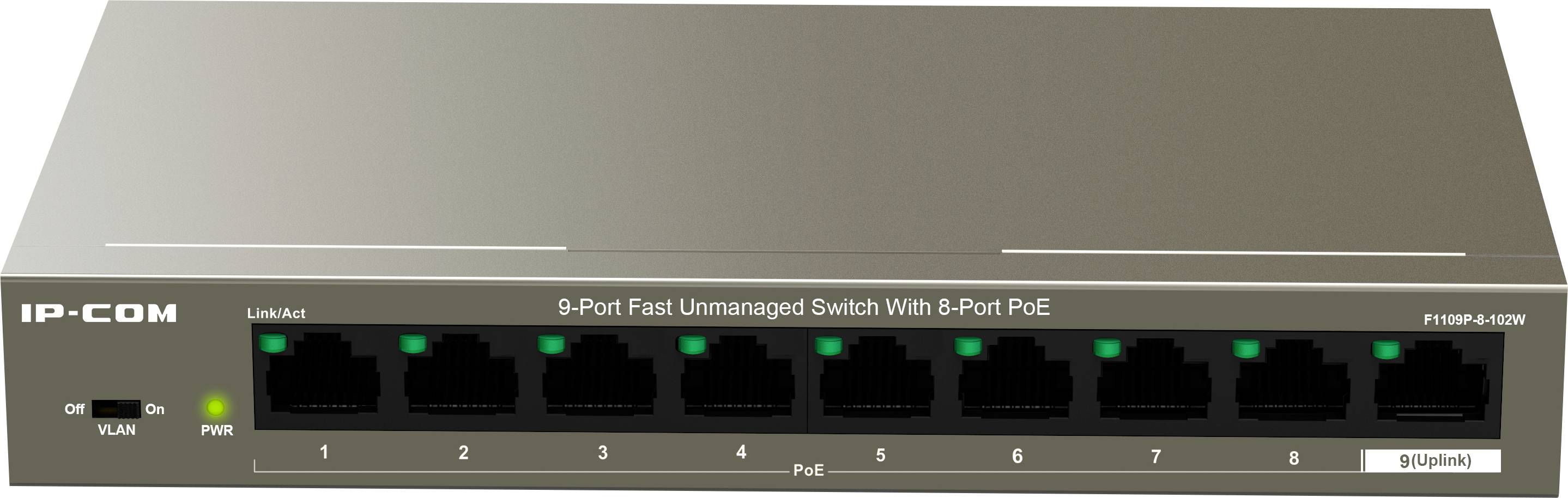 Devet-portni switch s PoE podrškom, marke IP-COM. Prikazuje prednju stranu s priključcima i LED indikatorima za mrežnu aktivnost.