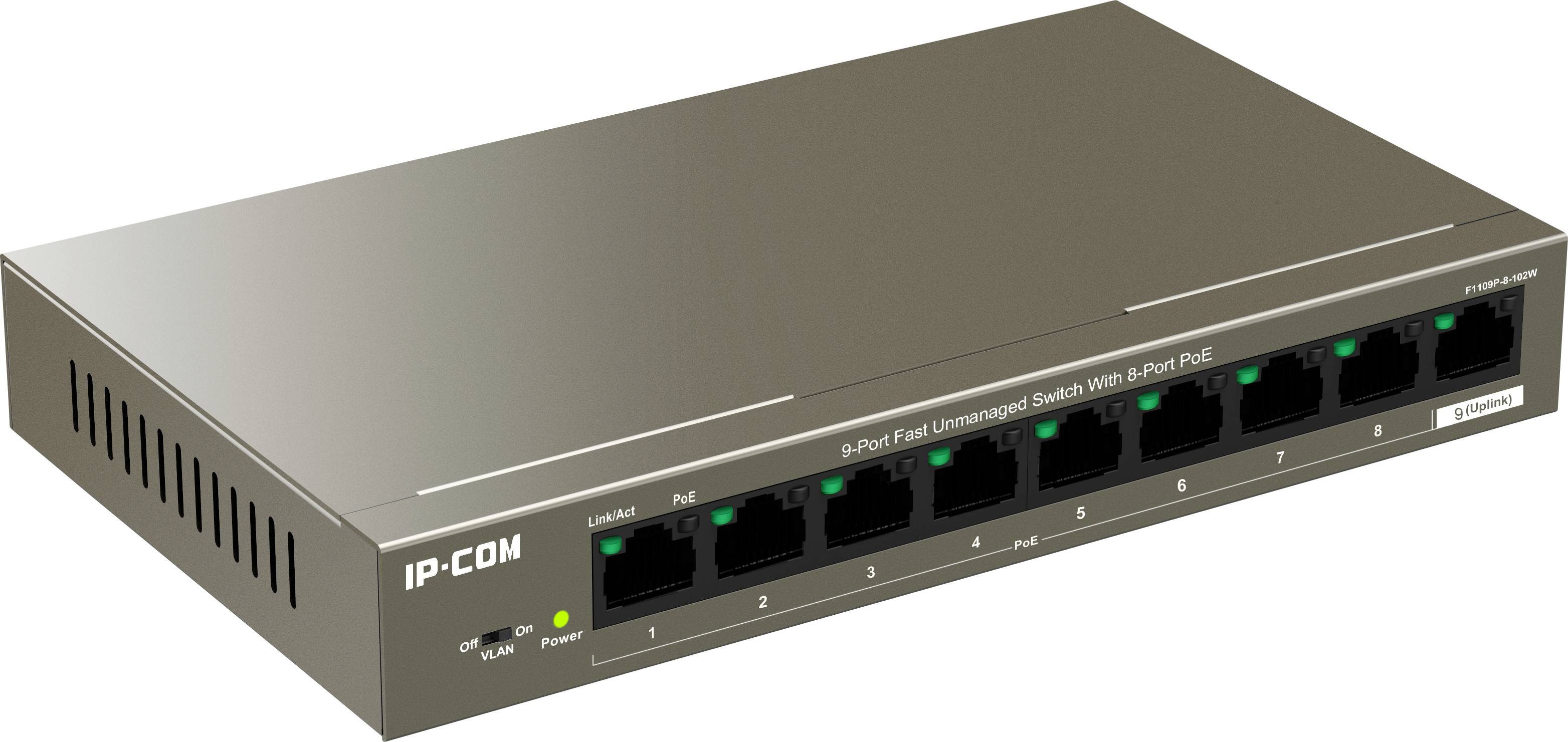 Mrežni switch s devet portova, uključujući osam PoE portova, prikazuje svijetleće LED indikatore. Naziv modela: 'IP-COM'.