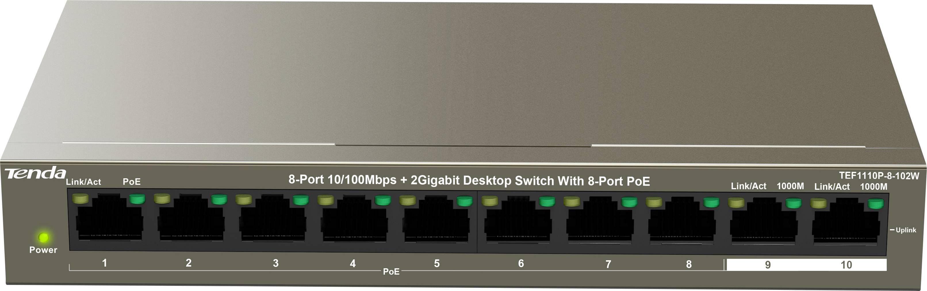 Mrežni preklopnik od 8 portova s dva Gigabit porta i PoE funkcionalnosti, pogodan za povezivanje i upravljanje više uređaja.