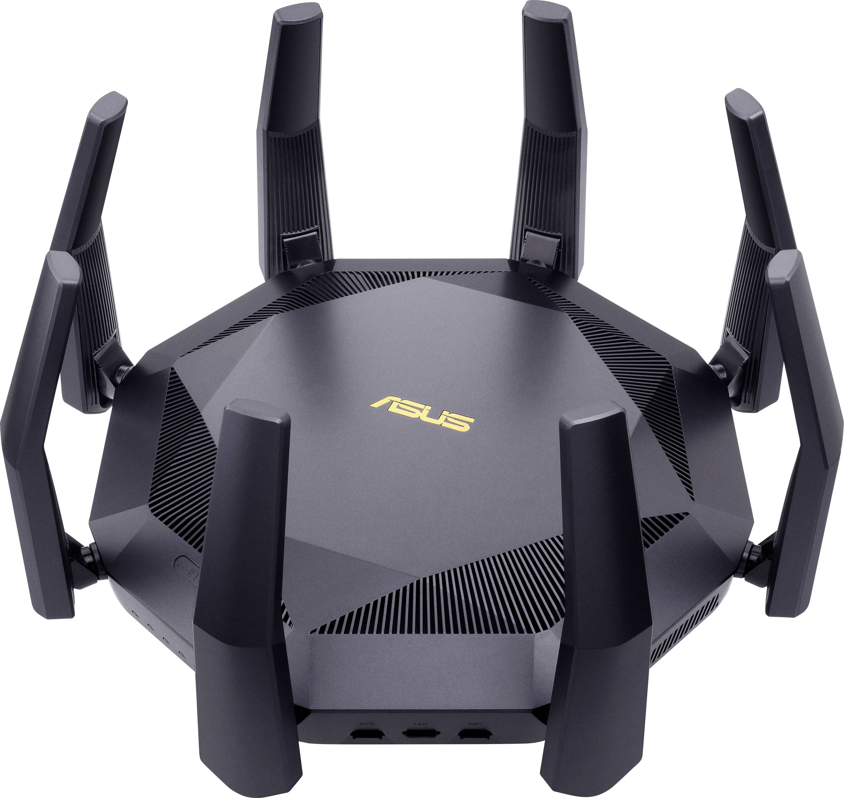 Crni WLAN usmjerivač s osam uspravnih antena na bijeloj pozadini. Logo proizvođača vidljiv gore.