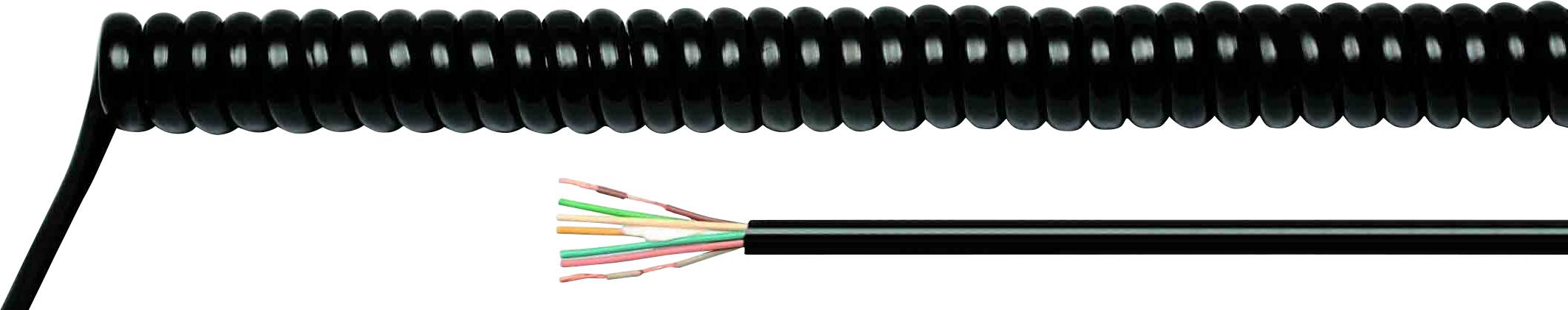 Crni, spiralni kabel s otkrivenim obojenim žicama na kraju, prikazuje različite boje žica.