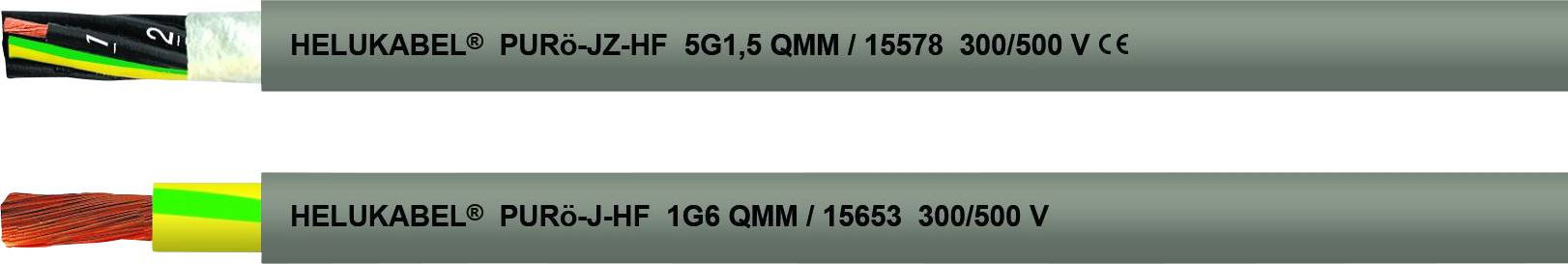 Dva kabela jedna pored drugoga: Gore 'HELUKABEL® PURö-JZ-HF 5G1,5 QMM / 15578 300/500 V CE', dolje 'HELUKABEL® PURö-J-HF 1G8 QMM / 15663 300/500 V'.