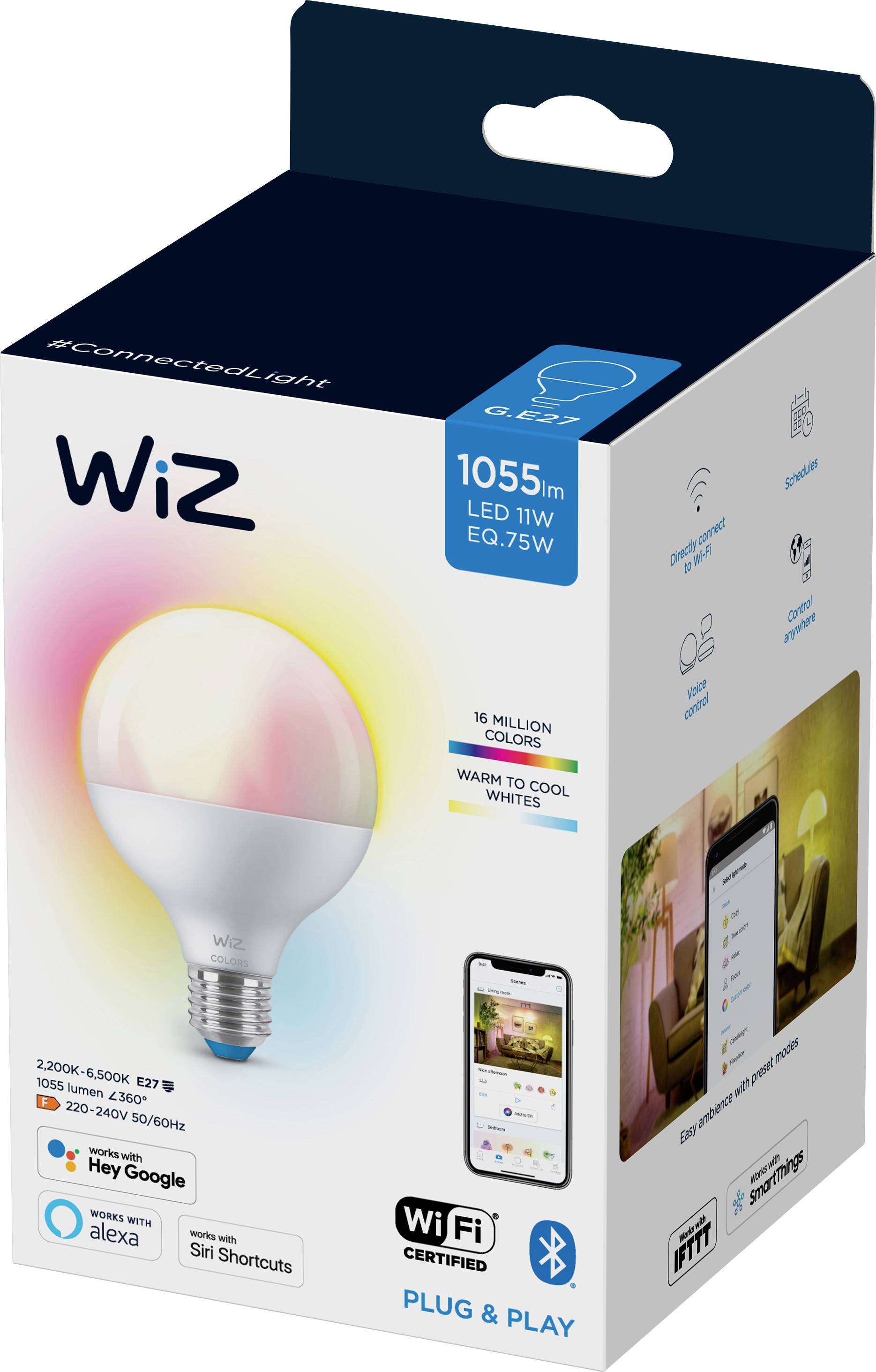 WiZ 08720169072275 LED Energetska učinkovitost 2021 F (A - G) E27 okrugla 11 W = 75 W toplo bijela do hladno bijela (Ø x-1