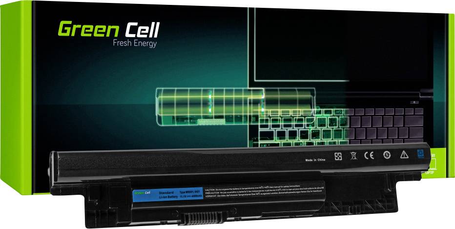 Prijenosni računalni akumulator tvrtke Green Cell, model s crnim kućištem na zelkoj pozadini ambalaže. Vidljivo je logotip marke i tehnički simboli.