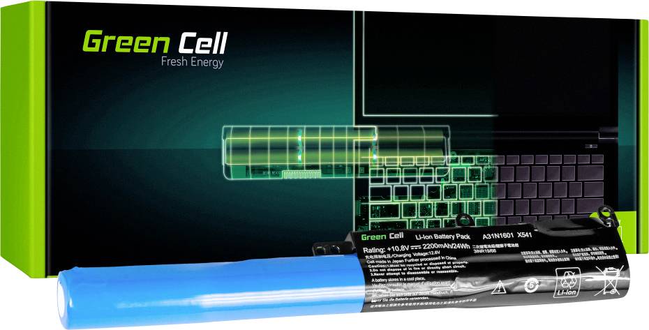 Ambalaža za bateriju prijenosnog računala, marka "Green Cell". Baterija ima nazivni napon od 10,8V i kapacitet od 2200mAh.