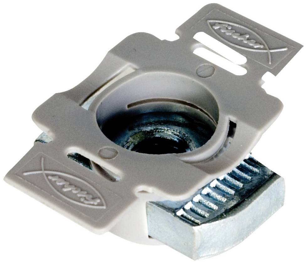 Sivi metalni nosač s podesivim vijkom, korišten za montažu namještaja.