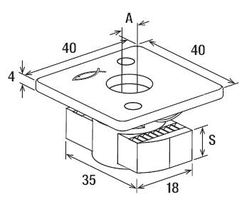 Tehnički nacrt četvrtastog metalnog komada s rupama za učvršćivanje, dimenzijama (40x40 mm) i podacima o položaju i razmaku.