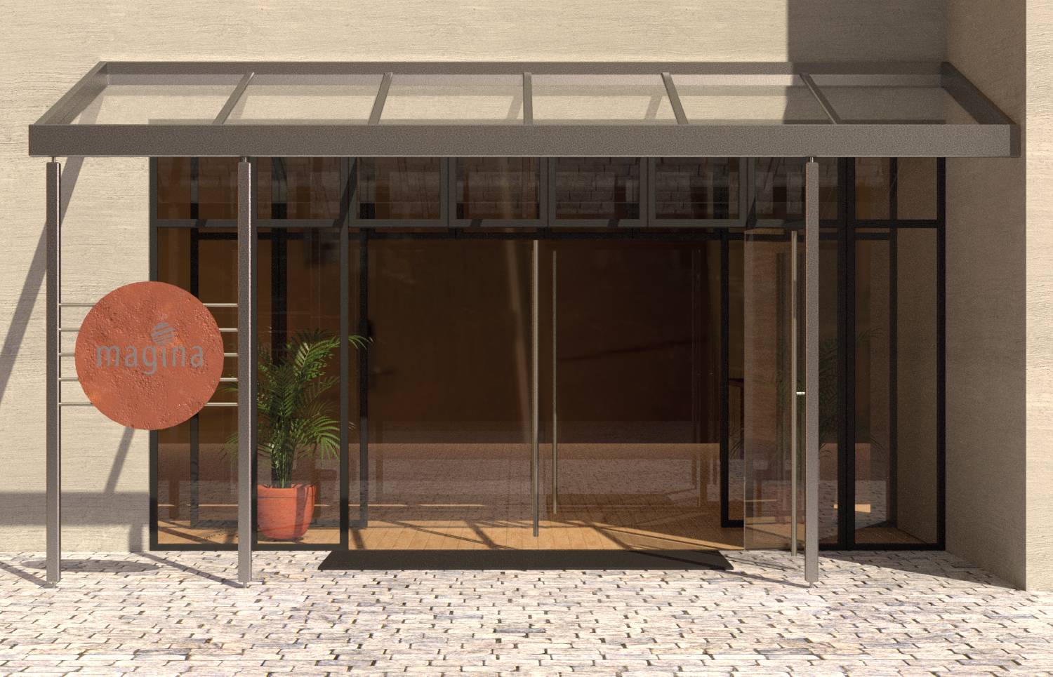 Ulazni prostor modernog objekta sa staklenim kliznim vratima, narančastim logotipom 'magna' s lijeve strane i saksijom s biljkom.