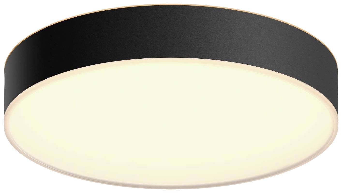Crna, kružna stropna lampa s difuznim poklopcem koja širi toplo svjetlo. Pogodna za moderne interijere.