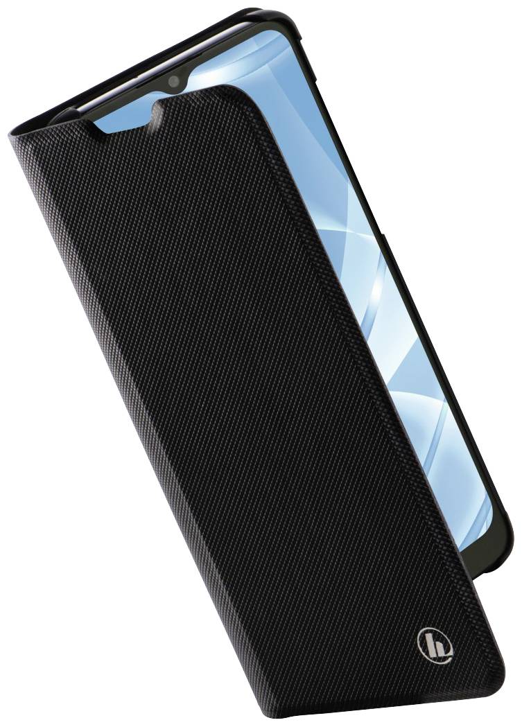 Crni smartphone s preklopnom futrolom je blago otvoren, a zaslon prikazuje plavi uzorak.