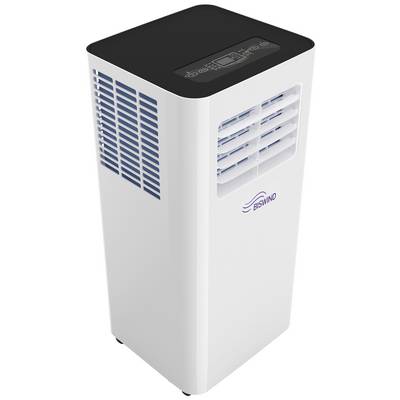 Mobilni klimatski uređaj u bijeloj boji s digitalnim upravljačkim elementima na vrhu, ventilacijskim otvorima sa strane i kotačićima na dnu.