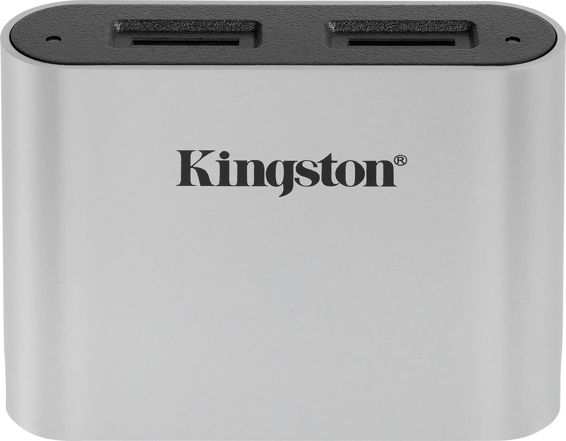 Vanjski USB 3.0 čitač kartica od Kingston-a u srebrnoj izvedbi sa dva utor gore za memorijske kartice.