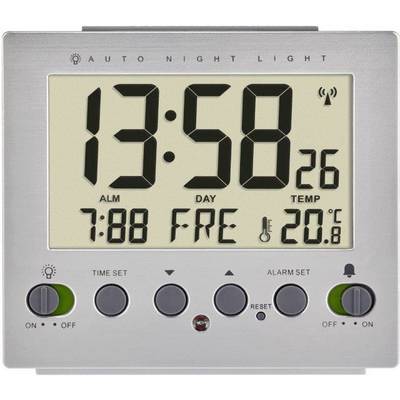 Digitalni sat s velkim zaslonom; prikazuje 13:58, petak. Temperatura: 20,8°C. Funkcije: alarm, kalendar, noćno osvjetljenje.