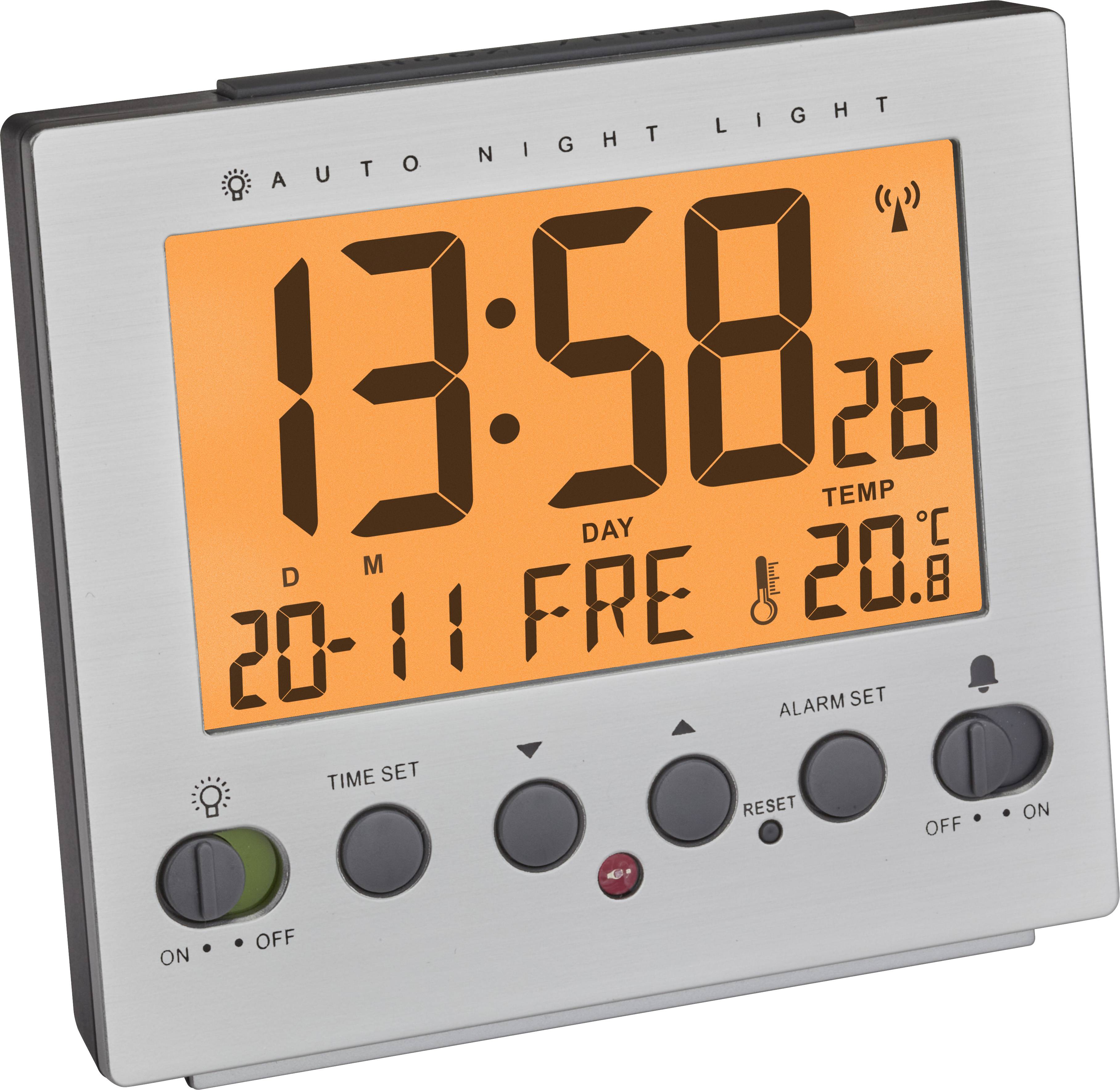 Digitalni sat s narančastim zaslonom prikazuje '13:58', dan u tjednu 'Petak' i datum '20-11'. Temperatura je '20,8°C'.