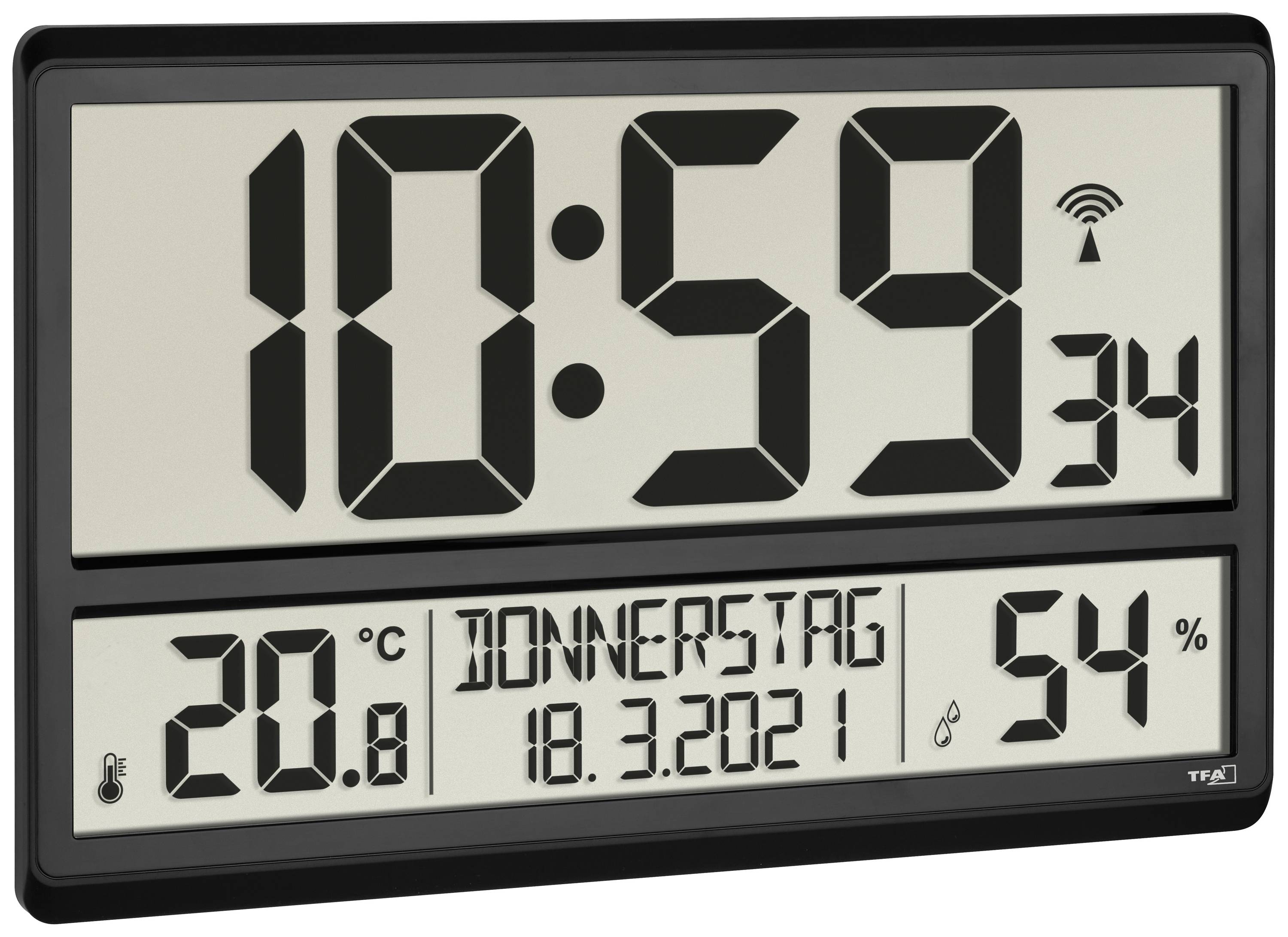 TFA Dostmann 60.4520.01 Zendergestuurd Wandklok 36 cm x 2.8 cm x 23.5 cm Zwart Groot display