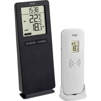 Dva digitalna termometra. Lijevo: Veliki zaslon s unutarnjom temperaturom (22,5°C) i vanjskom temperaturom (18,3°C), vrijeme (15:38). Desno: Mali vanjski senzorski uređaj (19,8°C).