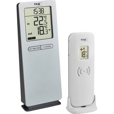 Dva digitalna termometra s vanjskim senzorom. Lijevo: Prikazuje vrijeme 15:38, unutarnja temperatura 22°C, vanjska temperatura 18°C. Desno: Prikaz vanjskog senzora 18°C.