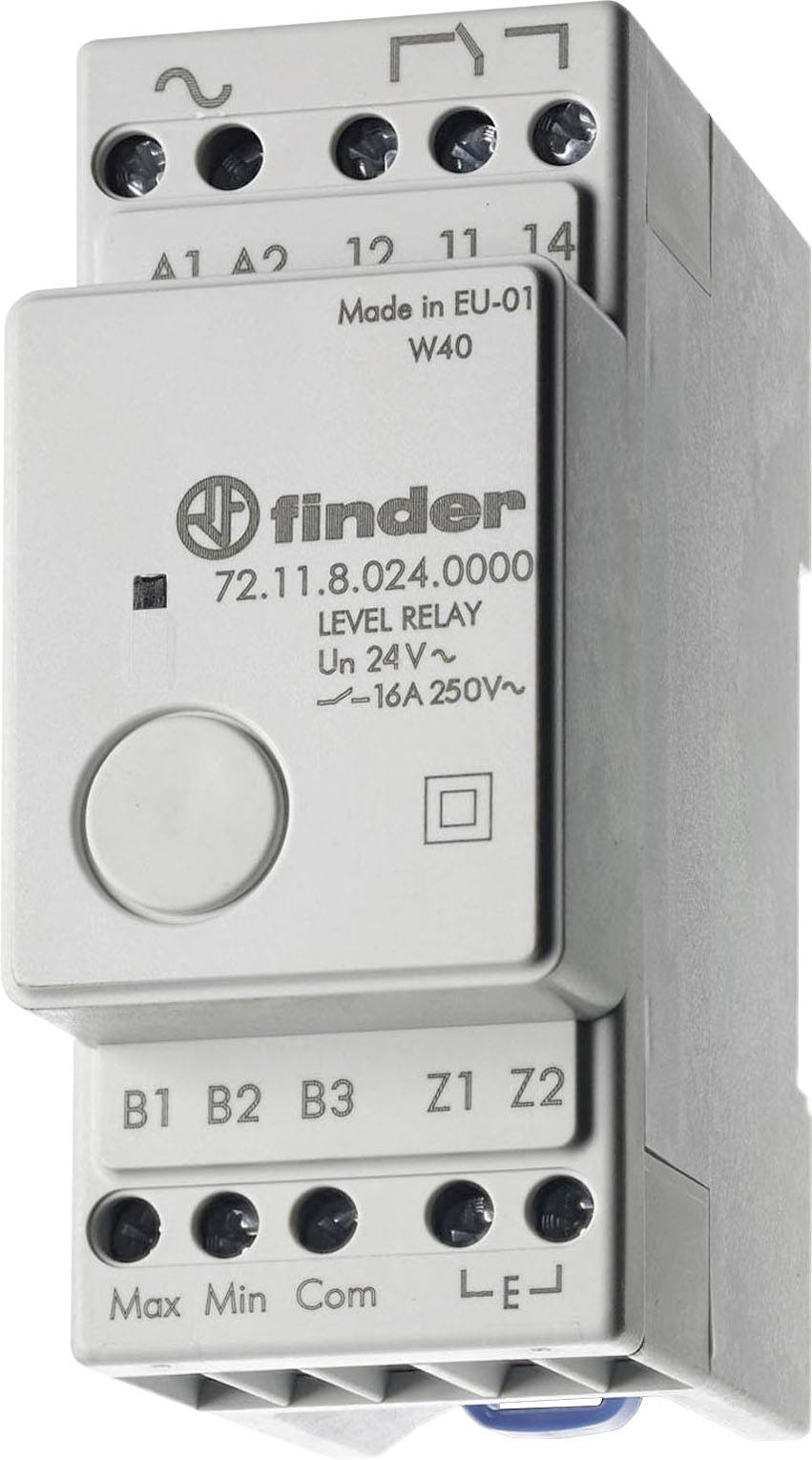 Relejna kutija za struju s oznake marke 'Finder', modelni broj 72.11.8.024.0000. Napon 24V, maksimalna struja 16A, Made in EU.