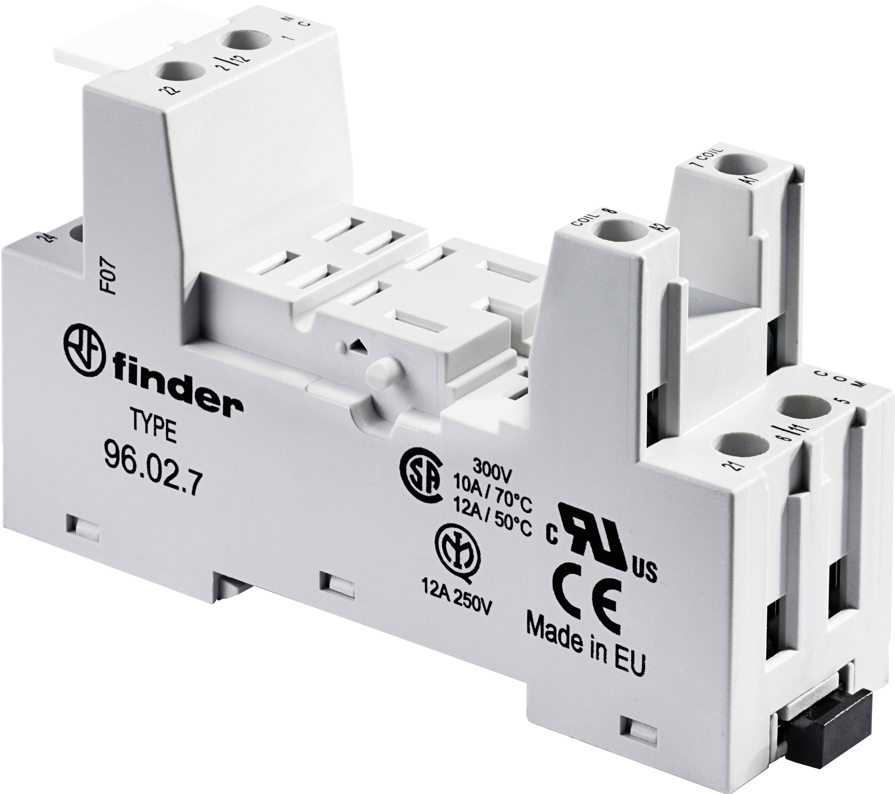 Utičnica za relej Model 96.02.7, pogodan za montažu releja, prikazuje tehničke specifikacije: 300V, 12A/70°C, CE oznaka.