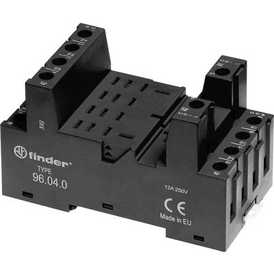 Crni postament za releje s natpisom 'TYPE 96.04.0', pogodan za 12A 250V. Natpis 'Made in EU'.