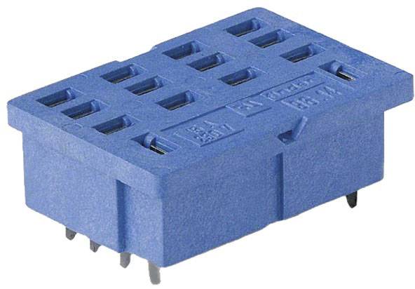 Plavi elektronički priključak s više pinova, pravokutnog oblika, koji leži na bijeloj podlozi.