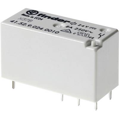 Relej, pravokutni oblik, 5 pins dolje, natpis 'Finder 41.52.9.024.0010', podaci proizvođača gore, 24V, 8A, 250V.