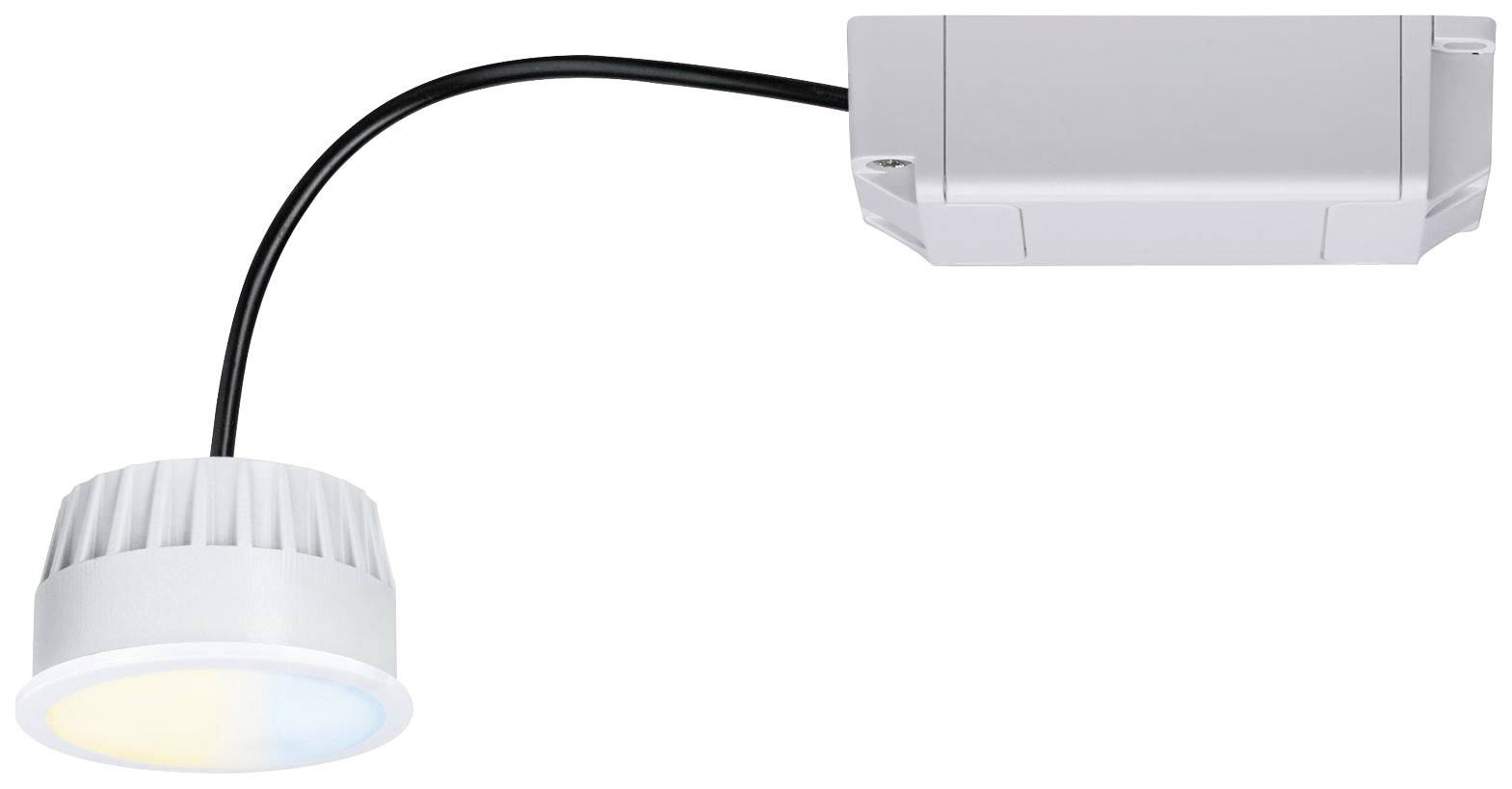 Bijela LED žarulja s kabelom povezanim s pravokutnim sivim kućištem prikazuje mješavinu plavo-žutog svjetla.