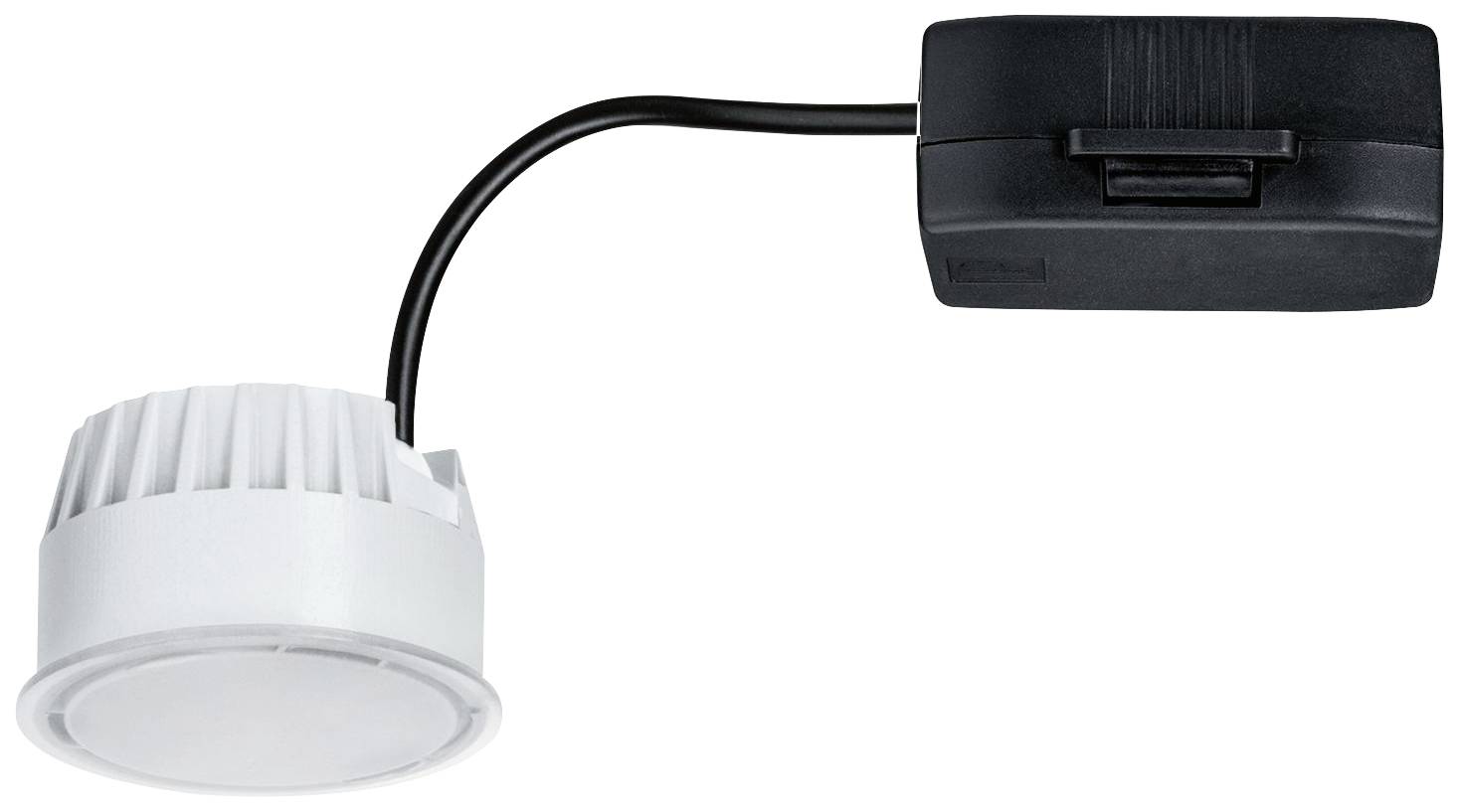 LED ugradbeni reflektor s bijelim kućištem i crnim adapterom. Reflektor je okruglog oblika i spojen kratkim kabelom.