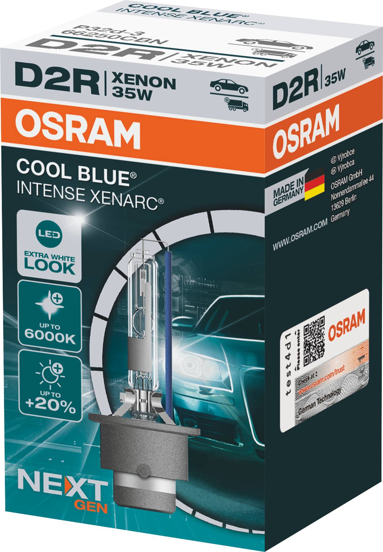 'OSRAM D2R Xenon Cool Blue Intense' ambalaža automobilske žarulje prikazuje sliku žarulje plavkasto-bijele boje, pogodne za automobile prednje svjetla.