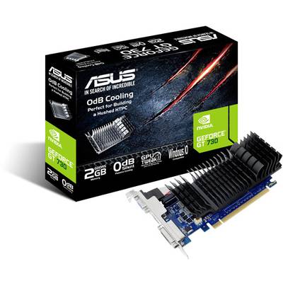 Grafička kartica ASUS GeForce GT 730 s pasivnim hlađenjem i 2 GB memorije. Pakiranje prikazuje glavne značajke poput 0dB hlađenja.