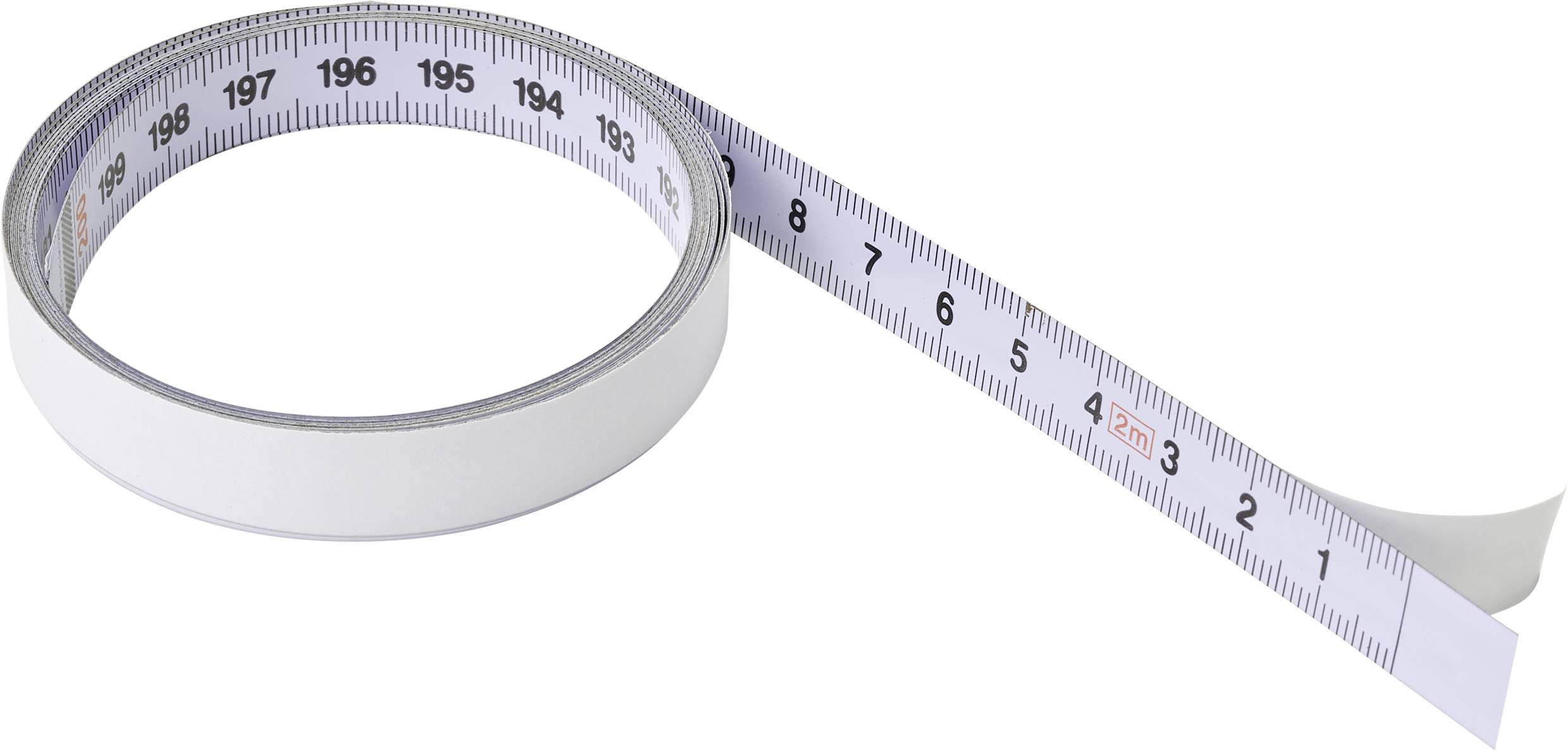 Bijeli mjerni trak koji je smotani, s oznakama za centre i milimetre. Prikazuje do 195 cm.