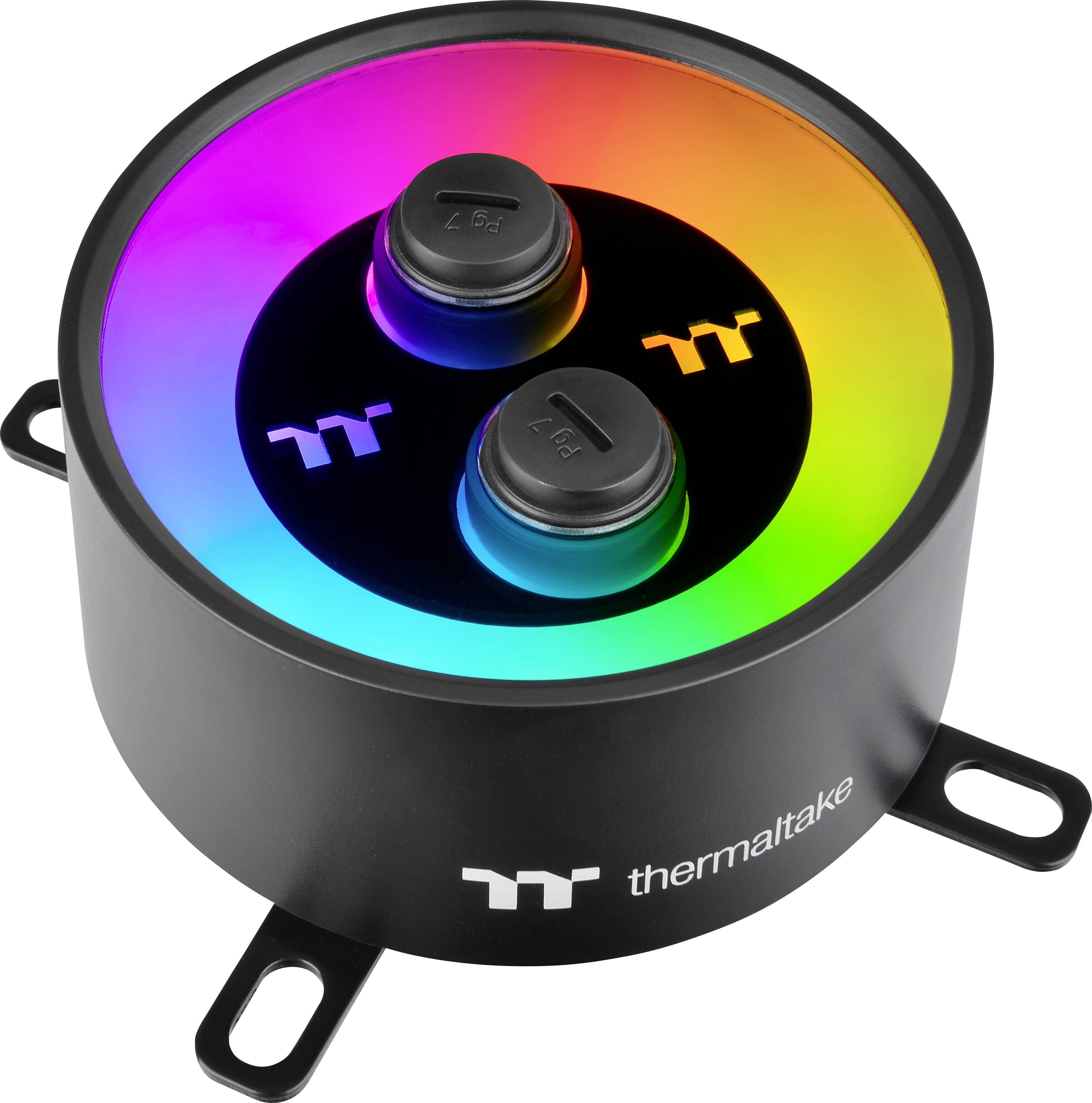 Crni CPU hladnjak s kružnom RGB LED rasvjetom od Thermaltakea; prikazuje dva priključka na vrhu.