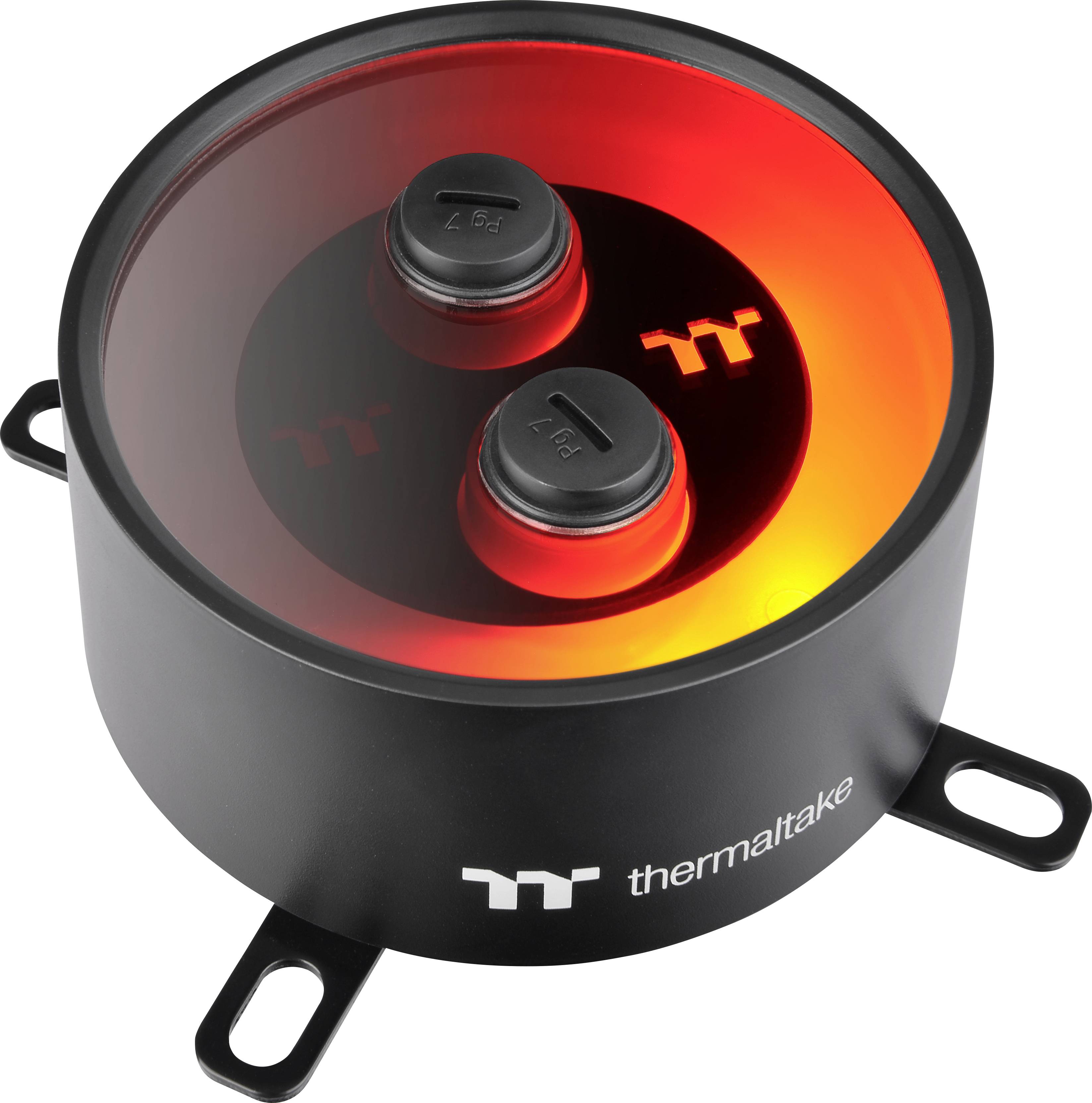 Crno-crvena Thermaltake vodena pumpa s dva priključka i svijetlećim logotipom na vrhu. Podesna za rashladne sustave računala.