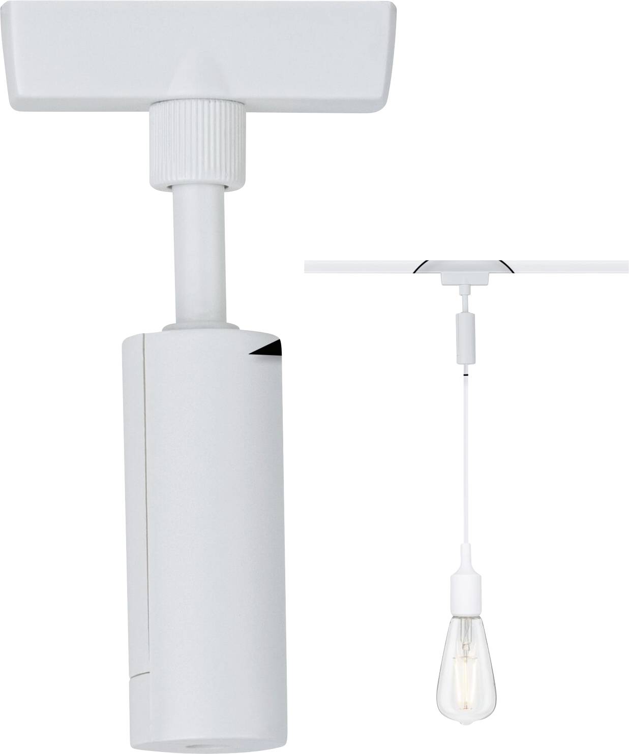 Dva bijela lamp adaptera, jedan vertikalan s nosačem lampe, drugi prikazuje lampu koja visi s šine.