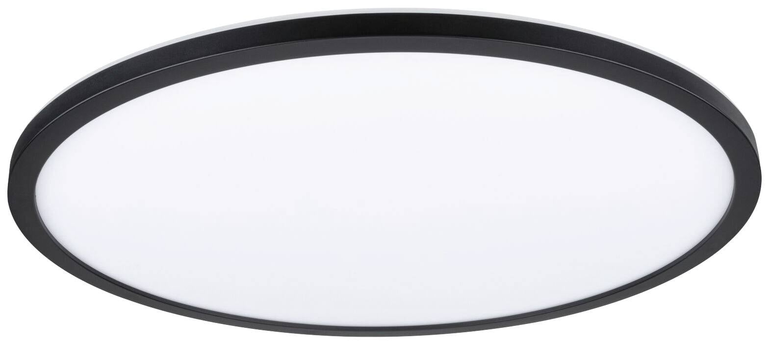 Ravna, okrugla stropna lampa s crnim okvirom i bijelim poklopcem, pogodna za moderni interior.