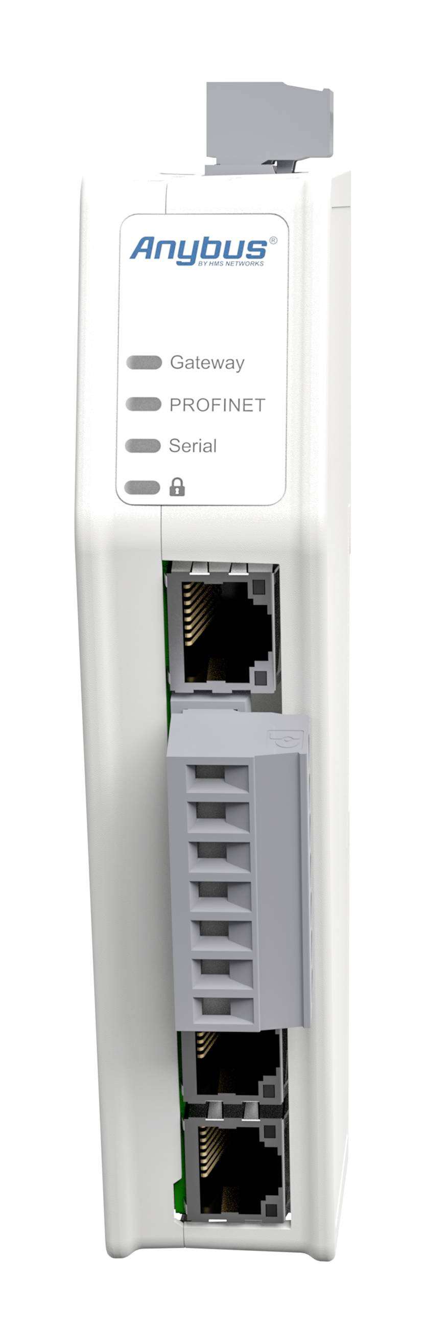 Bijeli uređaj s natpisom 'Anybus', ispod kojeg se nalaze oznake 'Gateway', 'PROFINET' i 'Serial'. Uređaj ima nekoliko priključnih portova.