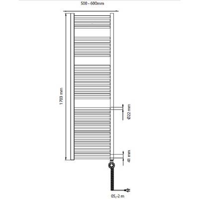 Dijagram radijatora s mjerama: visina 1703 mm, širina 500-600 mm, promjer cijevi 22 mm, udaljenost od poda 41 mm, ukupna visina 5,2 m.