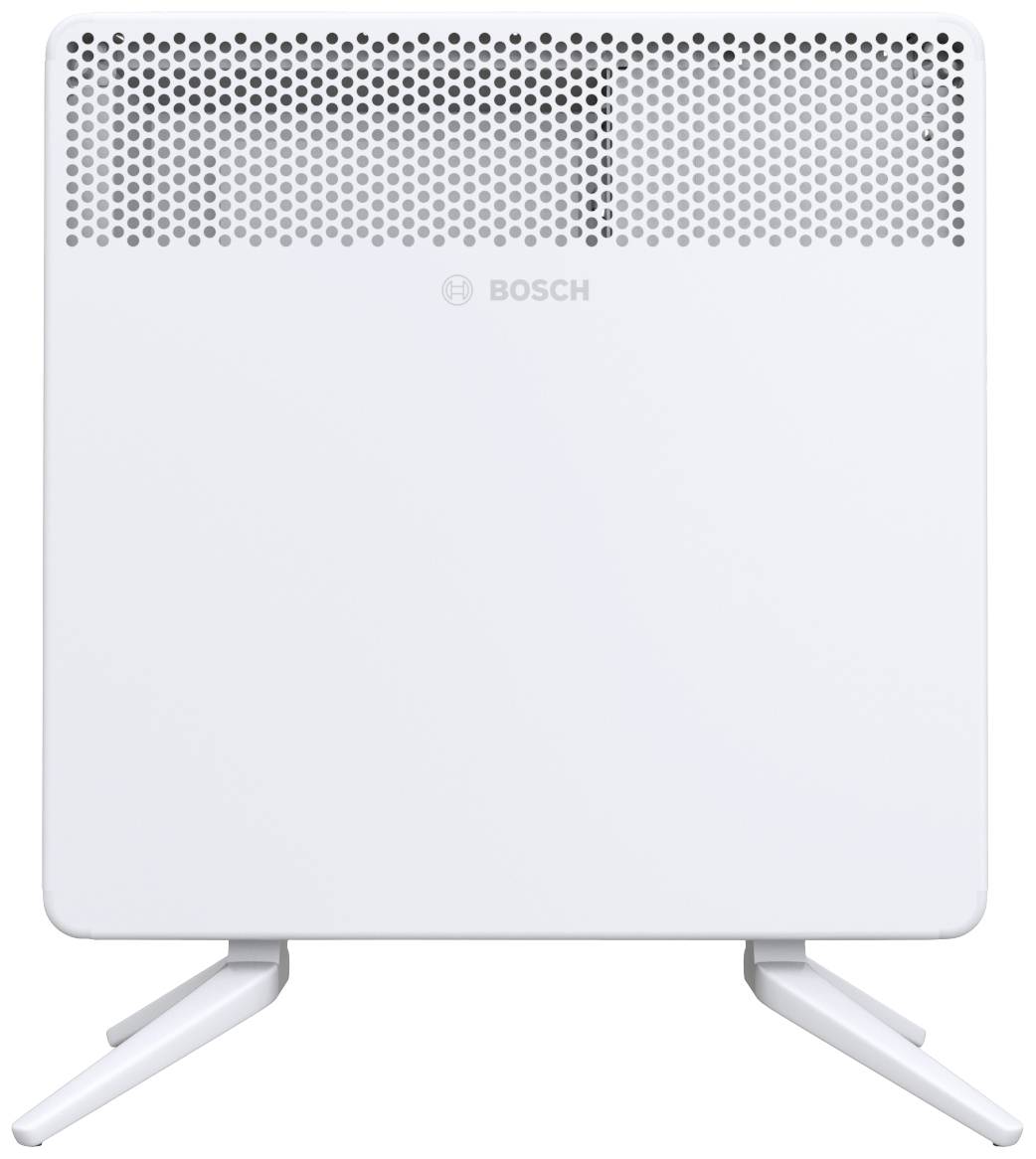 Bijeli grijač na infracrvenu toplinu tvrtke Bosch, samostojeći na dvije noge, s perforiranom ventilacijskom rešetkom gore.