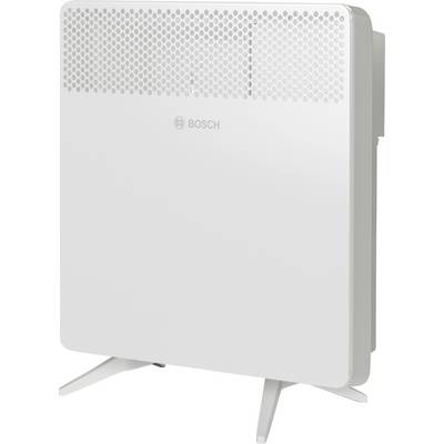 Bijeli radijator tvrtke Bosch s minimalističkim dizajnom i postoljima. Pogodan za unutarnje prostore za grijanje prostorija.